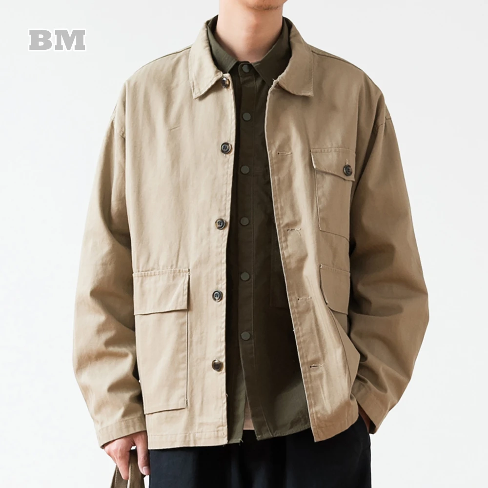 

Japanese Retro Multi Pocket Cotton Tooling Jacket High Quality Harajuku Casual Long Sleeve Coat Men Clothing Korean Fashion Tops