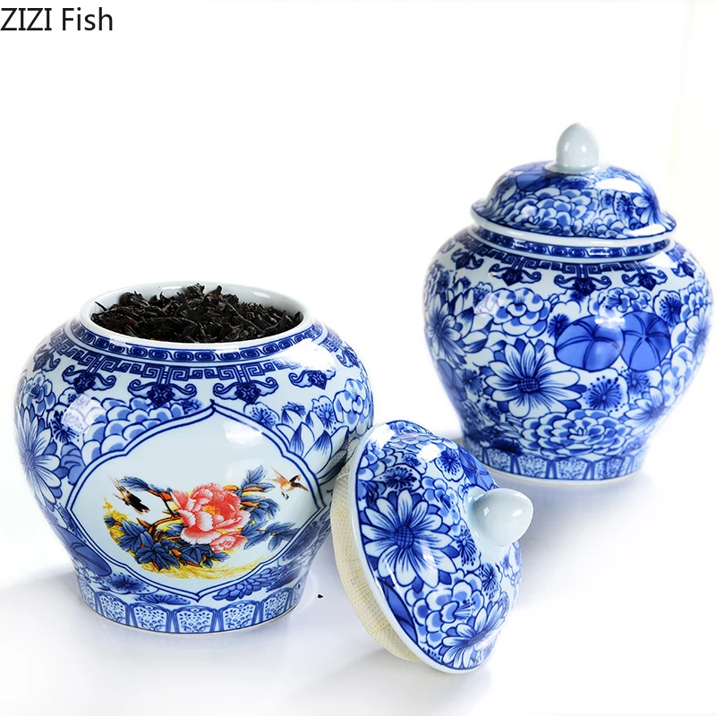 Керамический чайный контейнер черный герметичный сине белый фарфоровый декор
