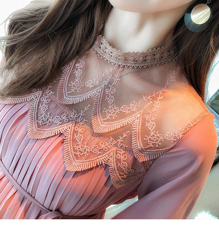 Envsoll Spring Autumn Maternity Dress Mom Long-sleeved Lace Pleated Chiffon Dress Maternity Clothes For Pregnant Women