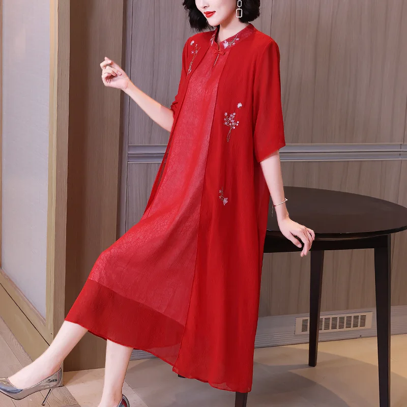 

Red Wedding Cheongsam Improved Version Fake Two Piece Dress Summer 2021 New Women Loose Pleated Dress
