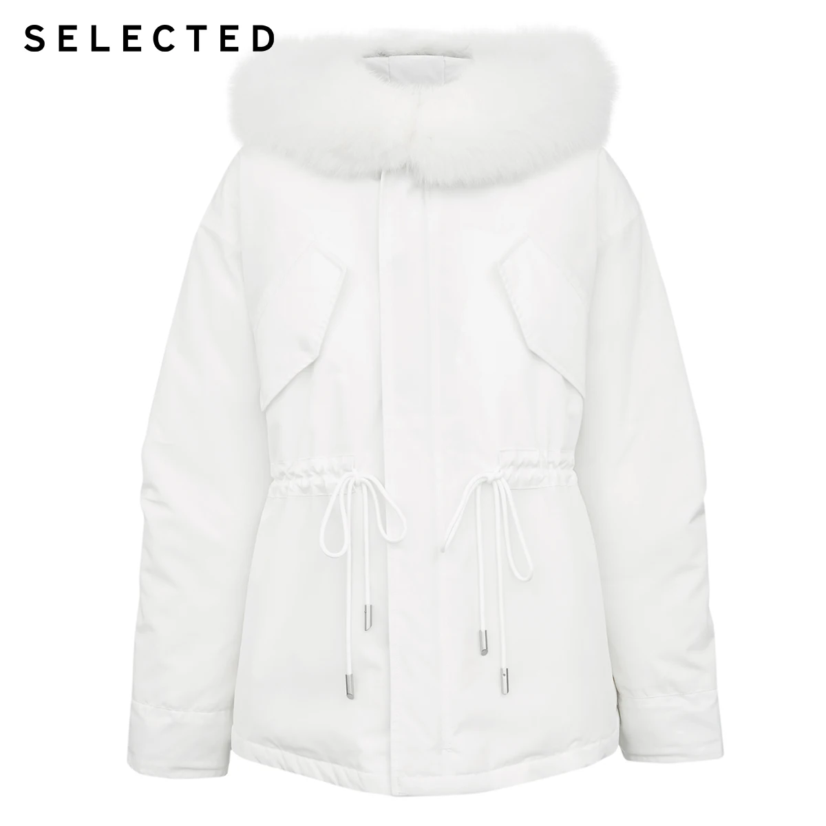 

SELECTED Women Loose Fit Fox Fur Hooded Drawstring Down Jacket S|419412598