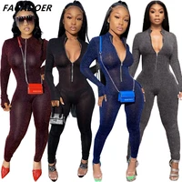 fagadoer sexy zip bodycon jumpsuits woman fashion ribbed translucent slim rompers glitter sexy one piece street party bodysuits