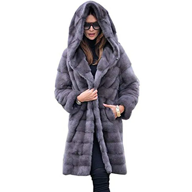 

Winter new long Fur Coat Women solid color loose plush hooded Coat imitation Fur Jacket High quality warm Teddy Coat Female L62