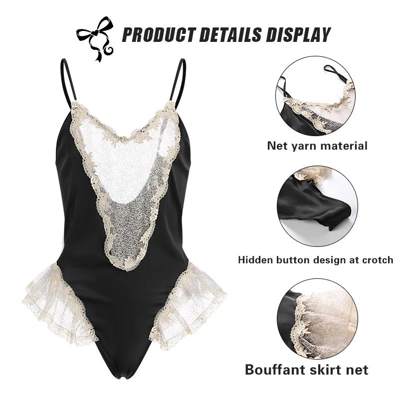 

Ladies backless lace jumpsuit underwear set deep v spliced mesh bouffant skirt hidden button open gear jumpsuit mini doll outfit