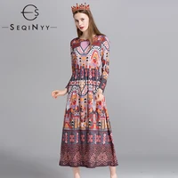 seqinyy vintage dress 2020 autumn winter new fashion design long sleeve red orange flowers printed midi dress women