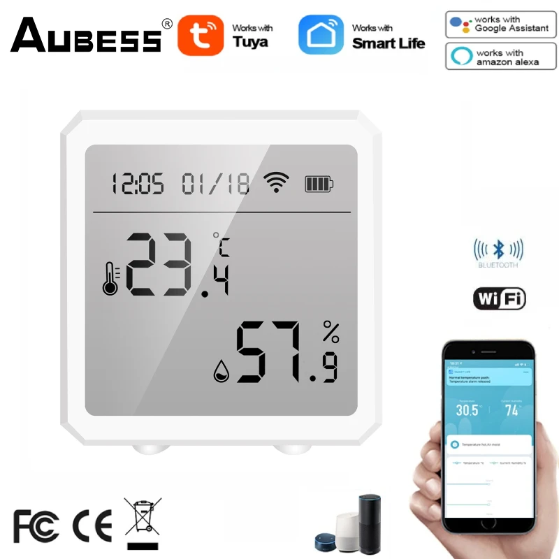 

Aubess Smart WIFI Temperature And Humidity Sensor Indoor Hygrometer Thermometer Tuya Smart Life APP Works With Alexa Google Home