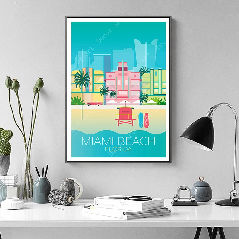 Винтажные Флорида Майами пляж Америка путешествия холст картины винтажные стены