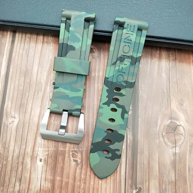24camo green SLV 24 мм 26 мм черный белый оранжевый Камуфляж красный синий зеленый серый мягкий водостойкий резиновый ремешок для часов для panerai ремень, булавка, пряжка бесплатный инструмент - Цвет ремешка: 24camo green SLV