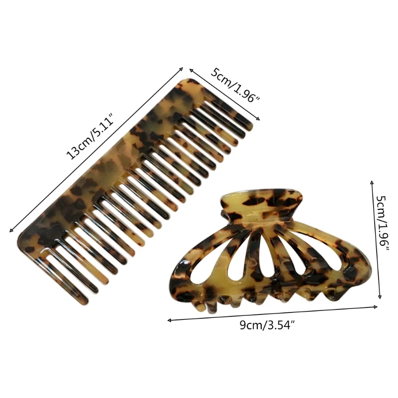 

French Women 2pcs Hair Claw Clip with Head Comb Set Leopard Cellulose Acetate Hollow Out Geometric Hairpin Barrette