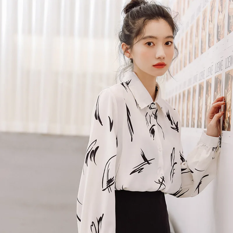 Черно-белые рубашки с принтом женские шикарные топы блузка 2020 Свободная