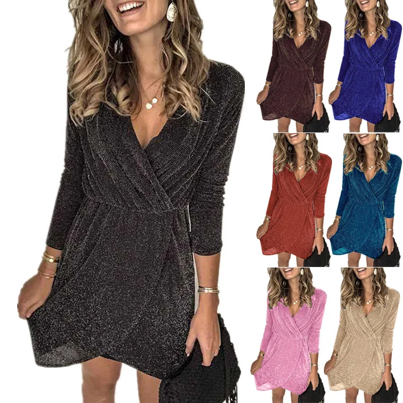 

Women Hollow Out V-neck Slit Bodycon Dress Autumn Sexy Sequin Glitter Shiny Mini Dress Winter Long Sleeve Party Dress