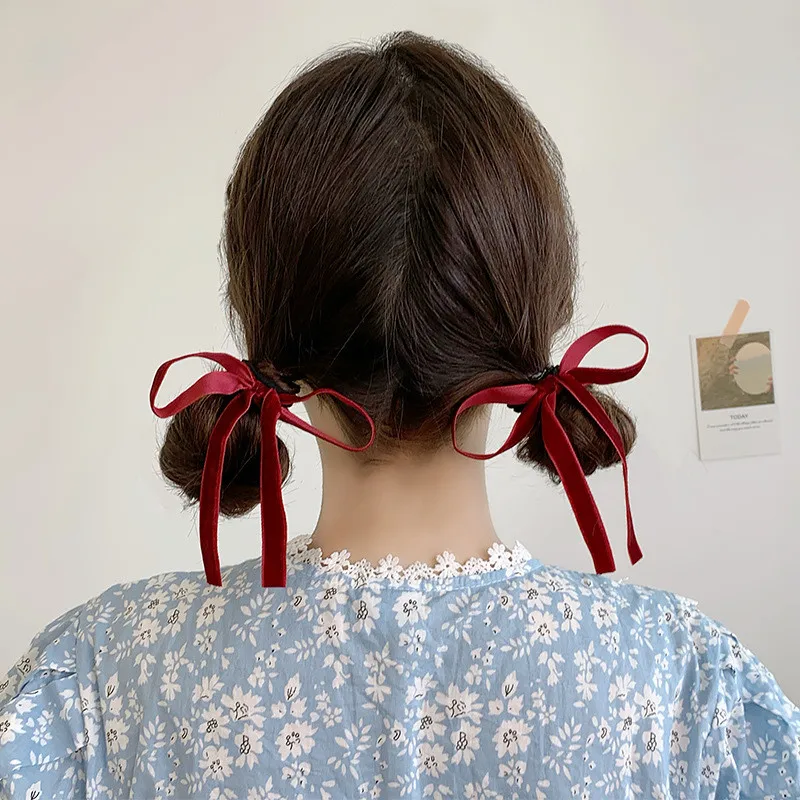 

Lystrfac 2Pcs/Set Sweet Bow Knot Scrunchies For Women Girls Soft Ribbon Hair Bow Elastic Hairband Female Hair Accessories