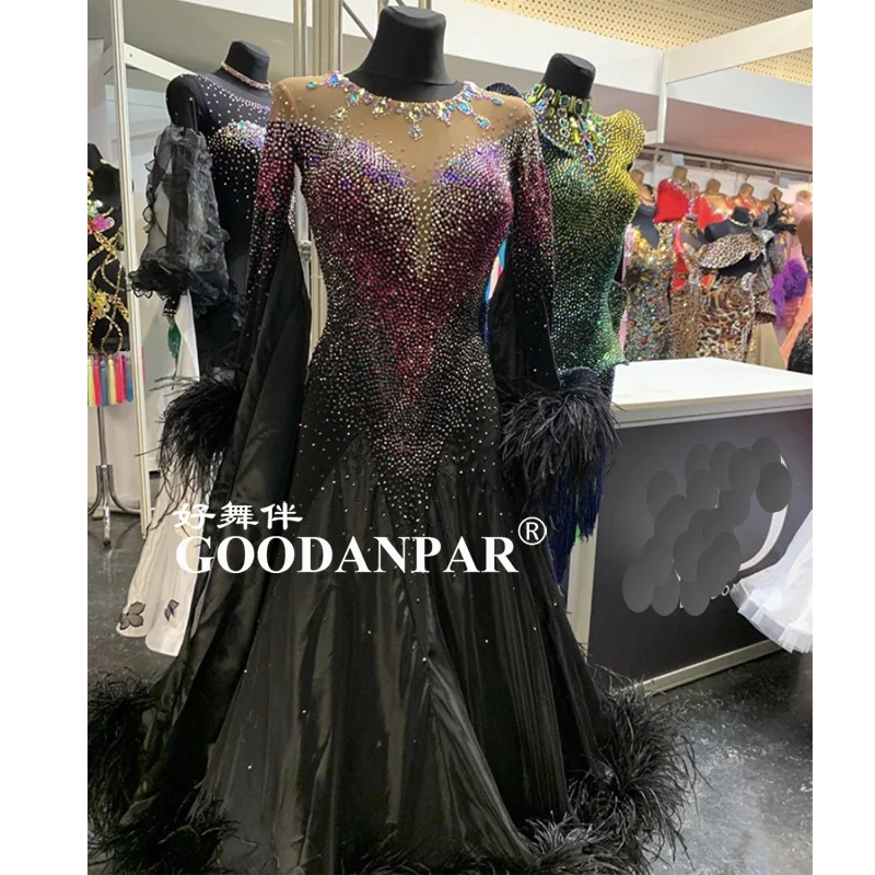 Новинка женское современное платье для вальса танго страусиного пера черное