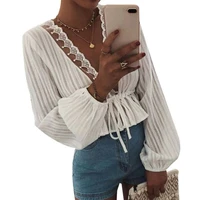 2019 sexy women lace long sleeve blouses ladies v neck loose shirts casual tunic blouse tops shirt females new clothing tops