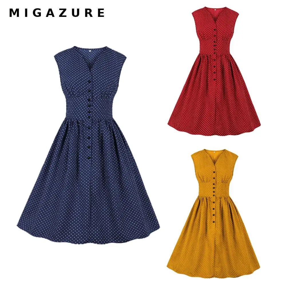 

Migazure Womens Vintage Rockabilly Dress A Line Sleeveless Polka Dots V Neck Button Breasted Retro Audrey Hepburn Swing Dresses