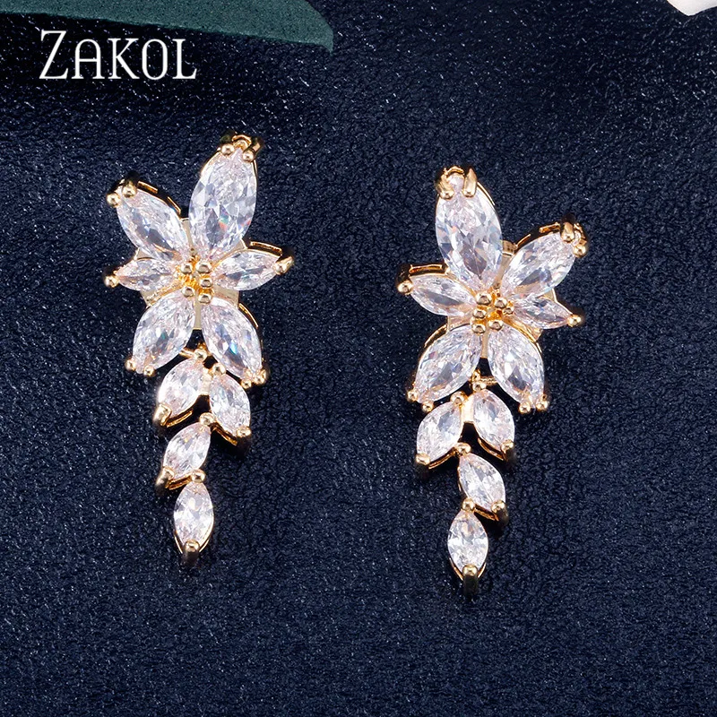 Gold Color 7 ZAKOL, модные, листовой циркон, висячие серьги для женщин, белое золото, цвет кристалл, свадебные серьги, свадебные ювелирные изделия, подарок brinco FSEP167A - Окраска металла: Gold Color 7