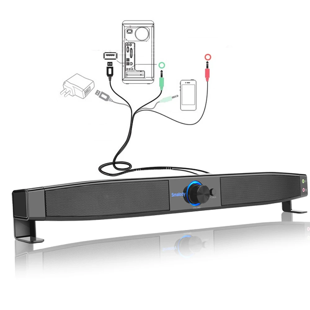 구매 Smalody Soundbar USB 전원 스피커 홈 시어터 5W 스테레오 서브 우퍼 (마이크 지원 라인 포함) TV 컴퓨터 용 음악 재생