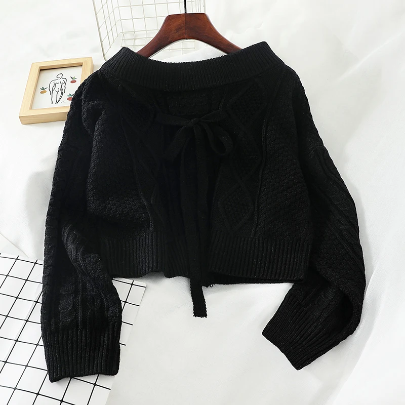 OCEANLOVE Slash Neck Short Pullovers Solid Bow Lace Up Fashion Women Sweaters Girls Korean New Pull Femme Loose Tops 13456 | Женская