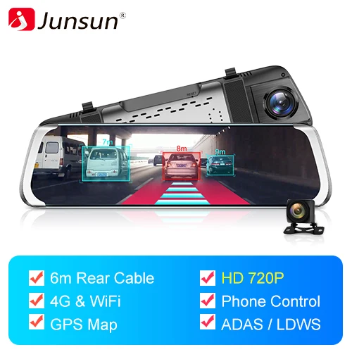 Junsun ADAS Android зеркальная камера Full hd 1080P двойной объектив зеркало заднего вида Автомобильный видеорегистратор wifi 4G Bluetooth gps навигатор Авто рекордер - Название цвета: F720p 6m cable