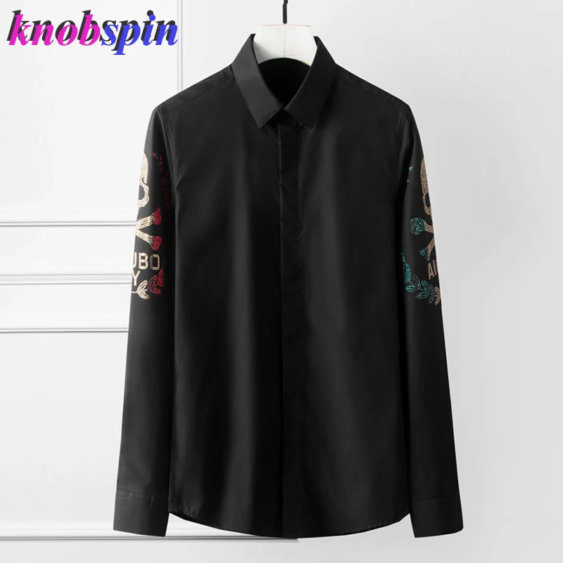 

Beading Skull Head Shirt men Long sleeve Slim Casual Chemise homme Solid color Business male Dress shirts Brand quality Camisas