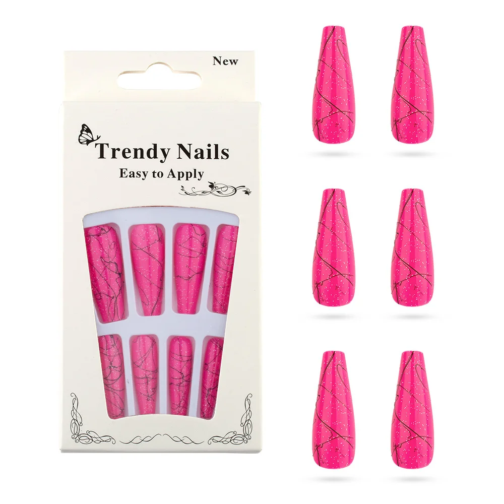 

20pcs/box Full Cover Fake Press on Nails Black Line Pure Acrylic Ballerina Acrylic for Nails for Women with Jelly Stickers
