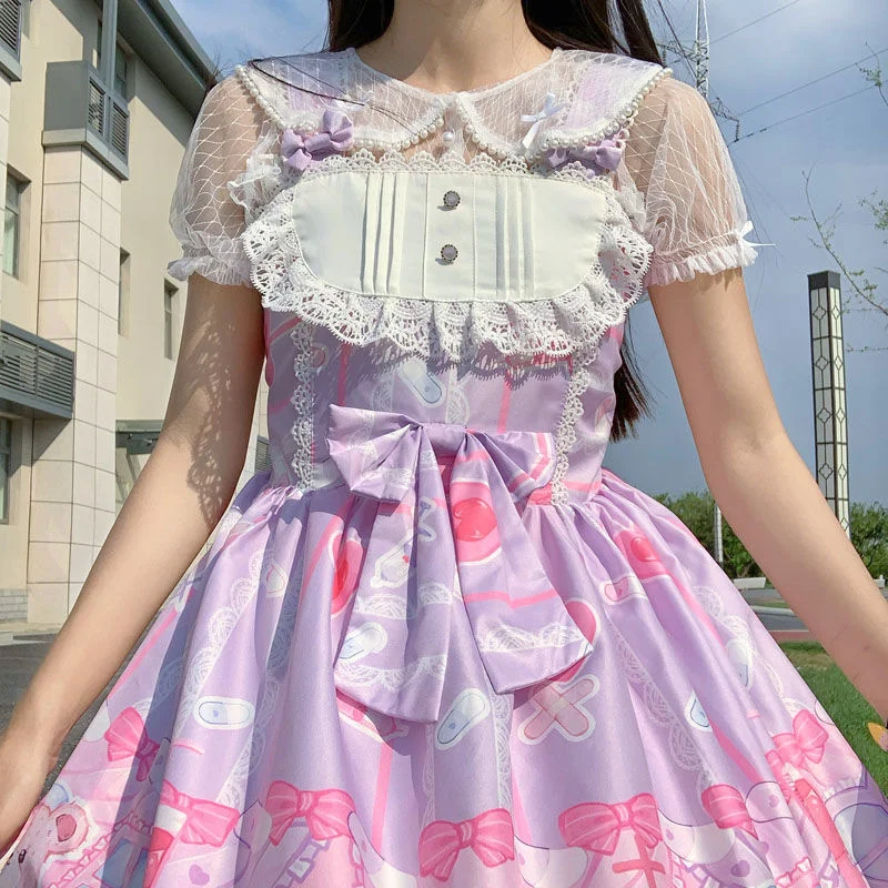 

Lolita Dress Sweet Pink Purple Nurse Bear Jsk Straps Dress Girls Day Dress