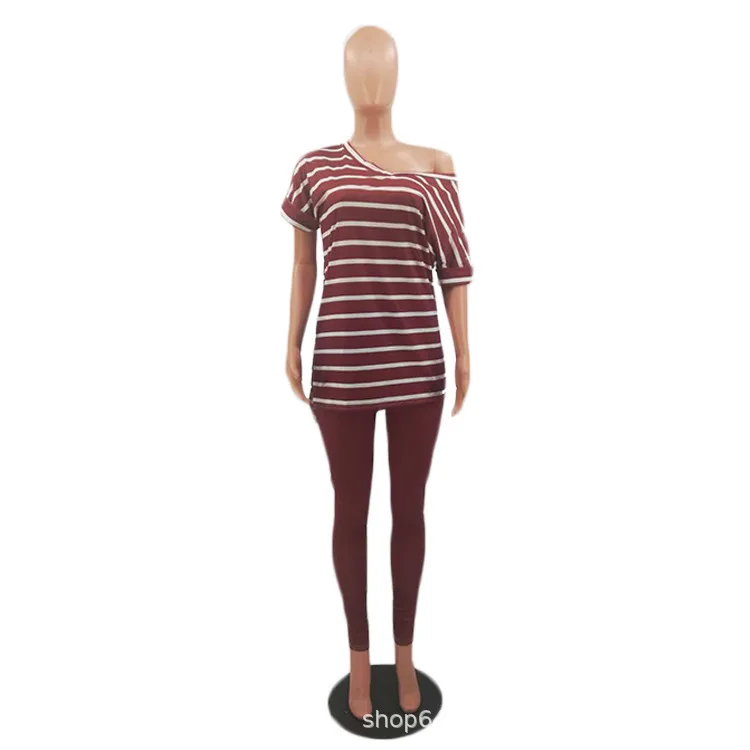 

Women Tracksuits Autumn Leisure Striped Short-Sleeved T-shirt Two-Piece Set Outfit Cotton Blends