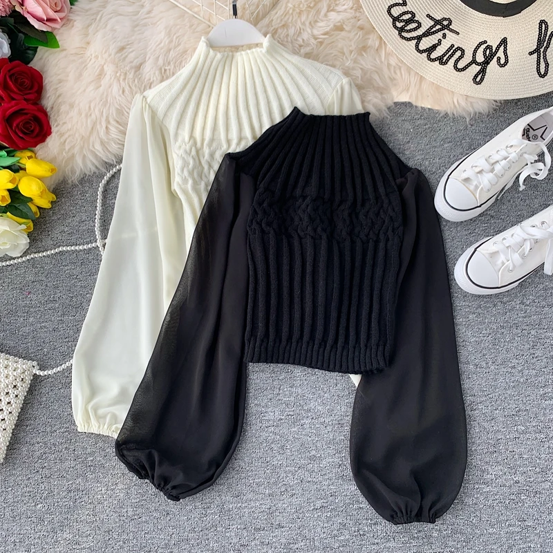 ALPHALMODA осень-зима модный свитер со жгутами фонарь длинный рукав шифон пэчворк повседневные женские пуловеры вязаный джемпер