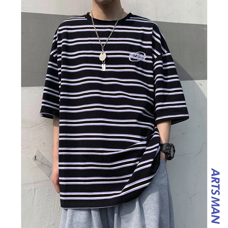 Летняя футболка в полоску большого размера 2020 Мужская свободная Корейском стиле