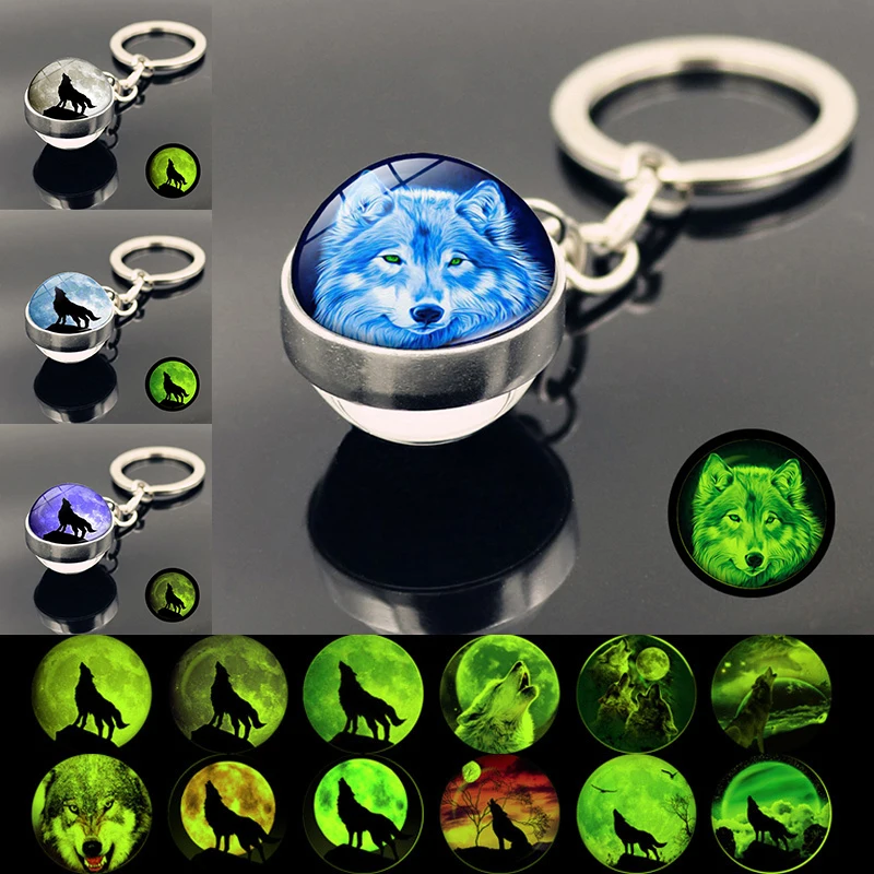 

Wolf Moon Keychain Glass Crystal Ball Pendant Crystal Ball Jewelry Fashion Wolf Head Sphere Keyring Animal Key Chain Men Gift