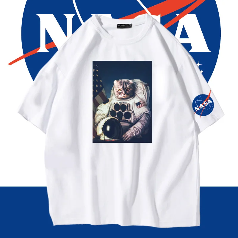

Cartoon anime men and women short-sleeved T-shirt loose couples cotton tide cat cat astronaut