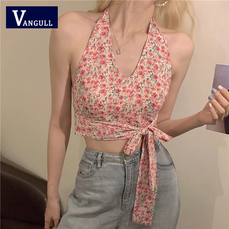 

Vangull Floral Print Tanks Halter Sleeveless Women Summer 2021 New Slim Short Lace-up Sexy Casual Female Fashion Pink Camis Top