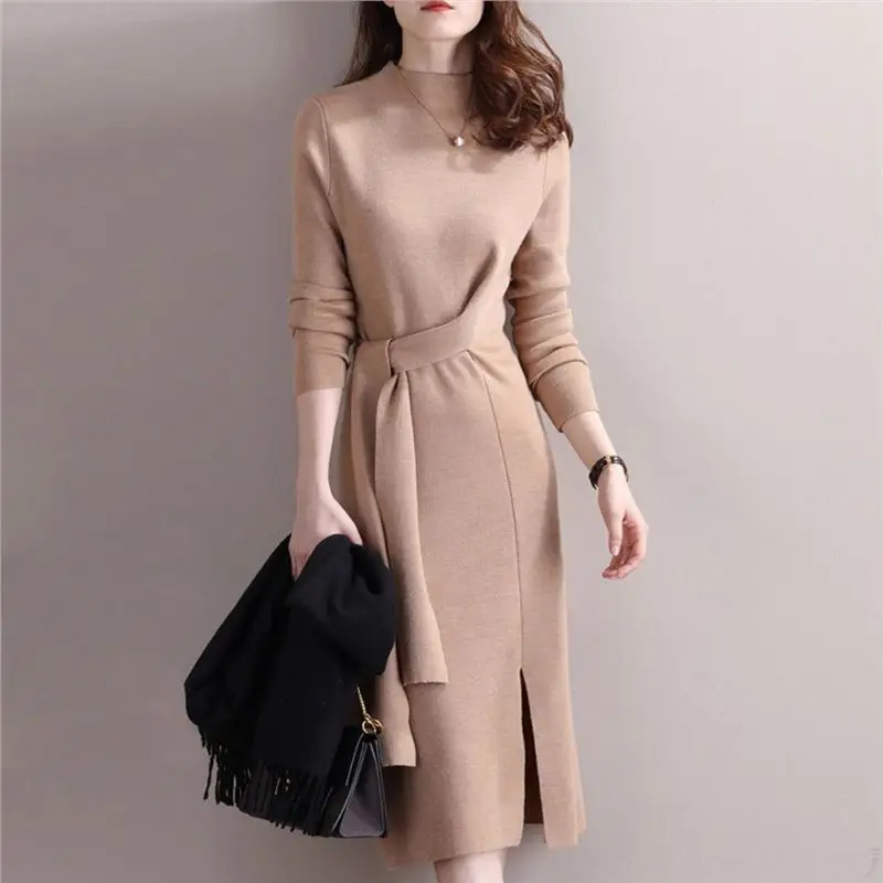 

Elegant Dresses Women 2021 Half High Collar Knitted Bodycon Dress Female Winter Long Sleeve Midi Sweater Dress Casual Clothes