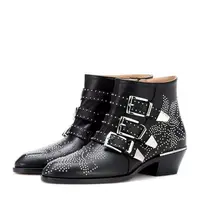 Studded Real Leather Ankle Boots Women Round Toe Rivet Flower Martin Short Boots Cowhide Thick Heel Low New Heel Women's Shoes
