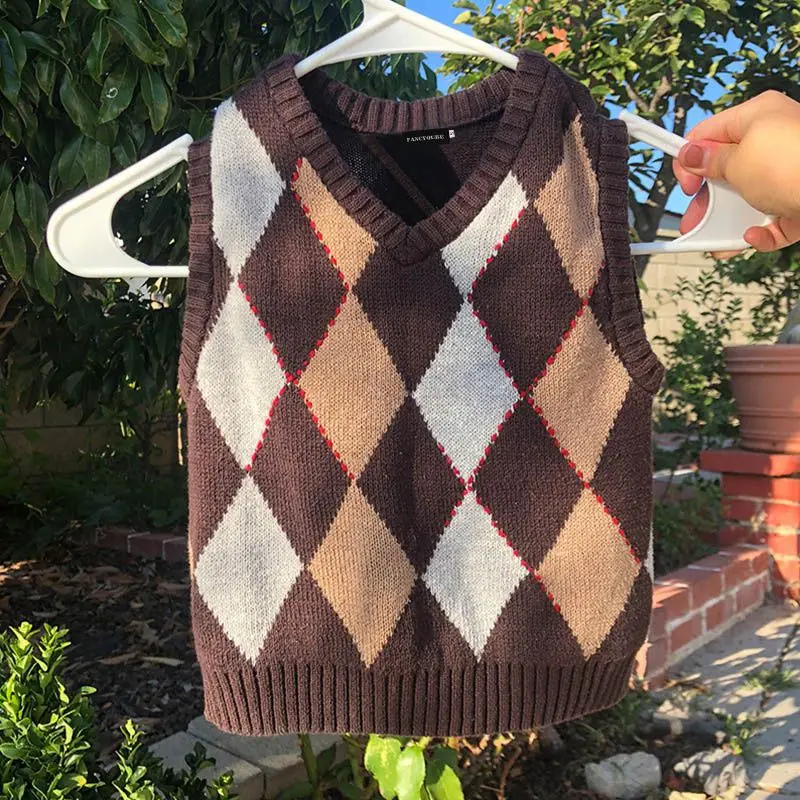 

Vintage British Style Rhombus Sweater Vest Winter Sleeveless Plaid Knitted Colorblock Crop Sweaters Women Casual Top 4 color