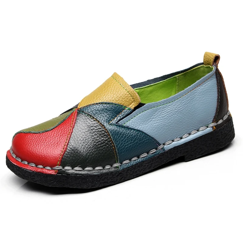 

Women Handmade Splicing Genuine Leather Shoes Soft Flat Loafers Match Colors Slip On Plus Size