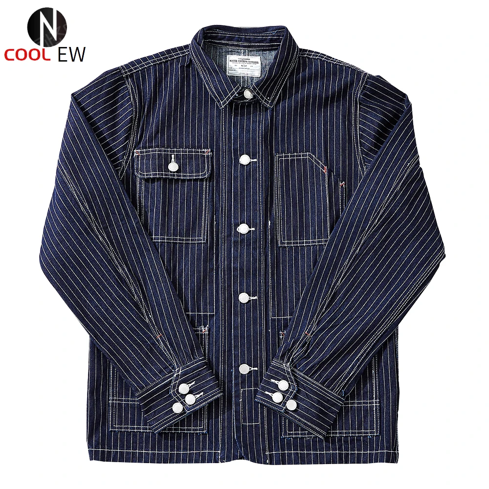 

Vertical Stripes Denim Jacket Mens Safari Style Multi-Pocket Jeans Jacket Casual Loose Shirt Jacket Men