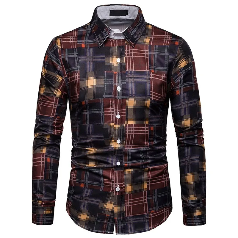 

2021 New Casual Colorful Plaid Men Shirt Slim Fit Lapel Collar Shirt Long Sleeve Dress Shirts Male Tops Clothing High Quality