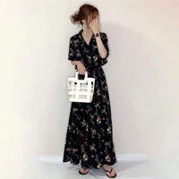 2022 summer new japanese simple black floral elastic waist thinner v neck casual all match women big swing dress free shipping
