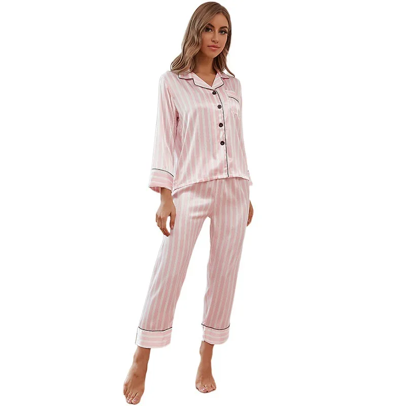 

Pyjama Satin Femme Spring Autumn Striped Pijama Sexy Mujer Long Sleeved Trousers Two Piece Set Pajamas Women Homewear Suit