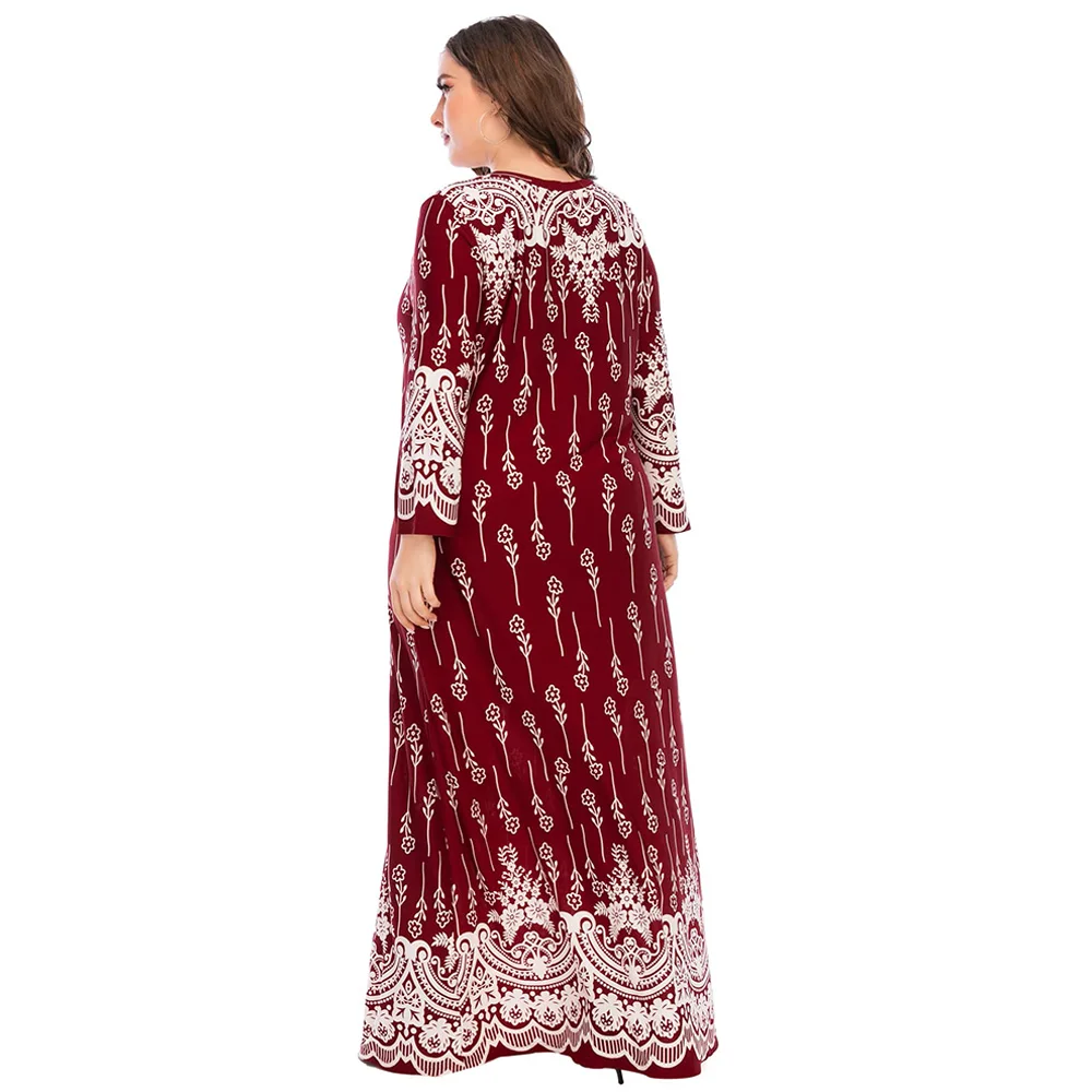

5XL Plus Size Abaya Muslim Dress Women Autumn Winter Long Sleeve Retro Floral Print Maxi Long Dress Turkish Islamic Clothing