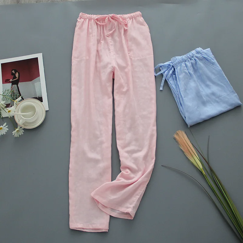 

Spring Cotton Double Layer Gauze Long Pyjama Bottoms Casual Cartoon Women's Home Pants Elastic Waist Sleepwear Print Home Wear