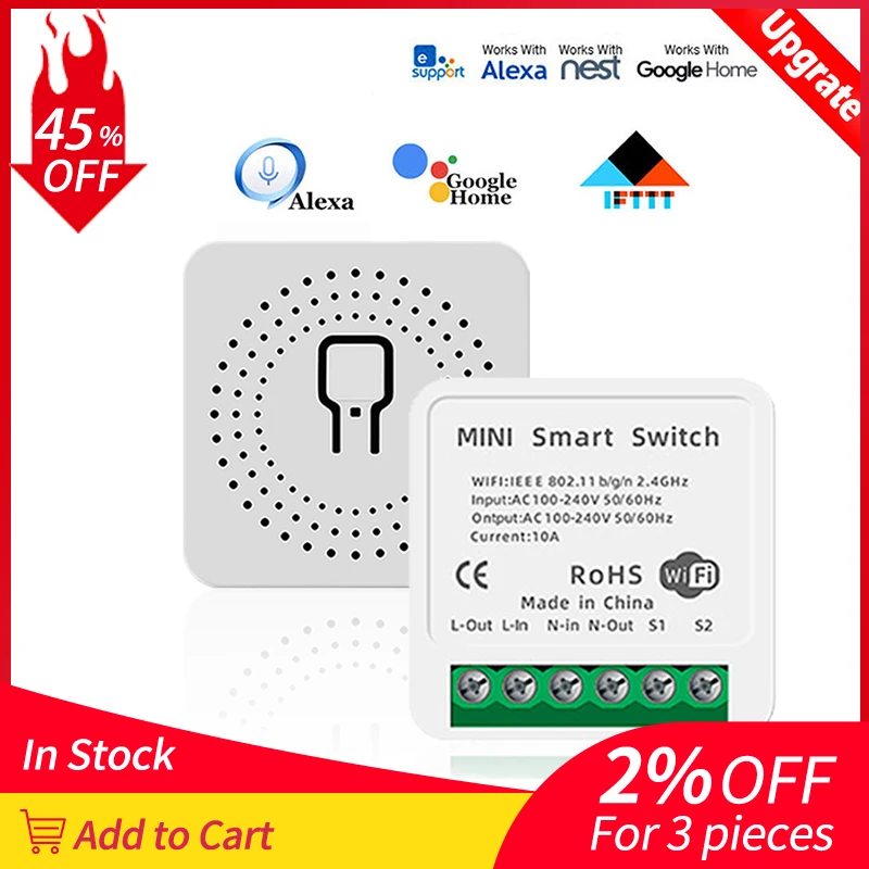 

10A Mini Smart Wifi DIY Switch Supports 2 Way Control, Smart Home Universal Module, Works With Alexa Google Home Smart Life App