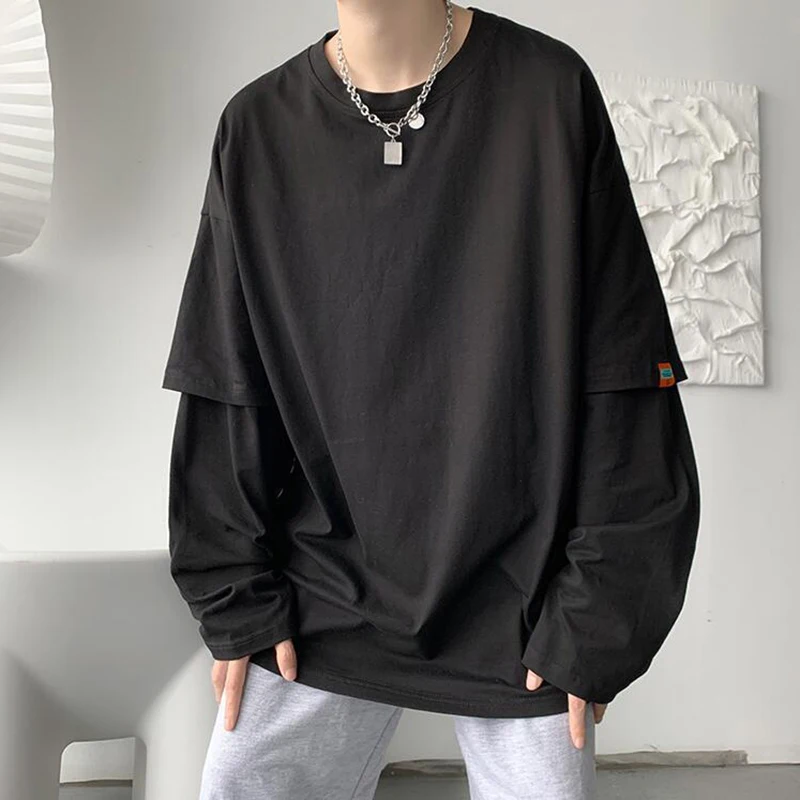 Футболка мужская оверсайз с длинным рукавом модная рубашка имитацией двух