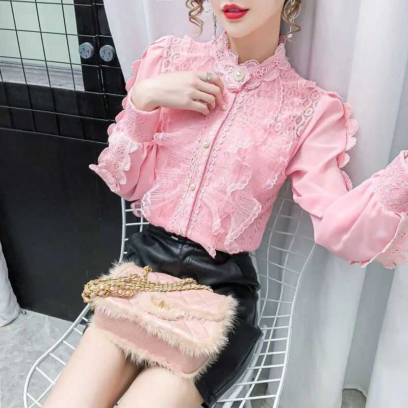 Stand Collar Lace Blouse Elegant Temperament Long Sleeve Blusas Autumn Spring Slim Shirt Fashion Chiffon Casual Tops Women New