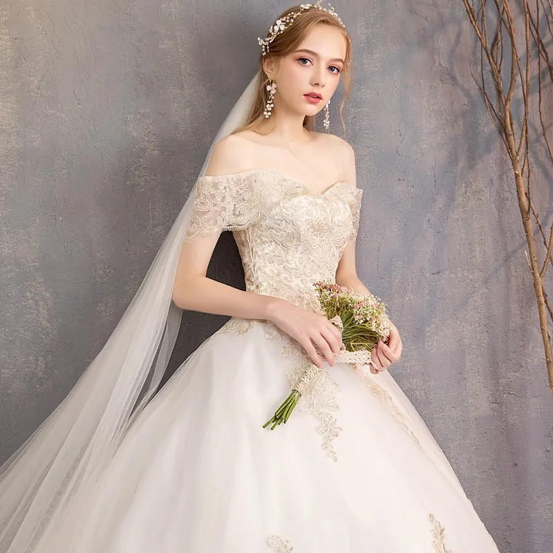 

Wedding Dresses Illusion V-Neck Short Tulle Sequined Embroidery Off The Shoulder Backless Floor-Length Women Bride Gown GB198