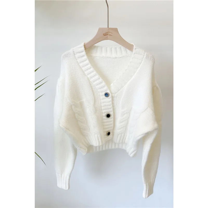 

Fanco Cardigans for Women 2020 Sweater Winter New Korean Solid Color Women's Sweater Knitted Gem Button Short V-neck Long Sleeve