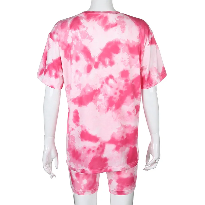

Women Set Summer Tie Dye Short Sleeve Top Shirt Loose And Biker Shorts Casual Two Piece Set Streetwear Outfits Tracksuits