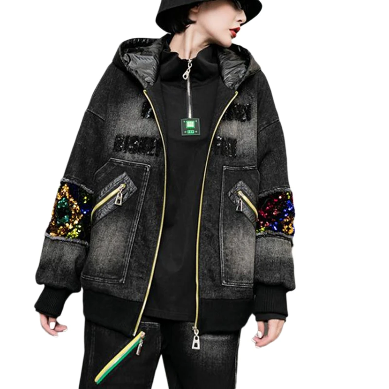 

2020 Winter New Fashion Wild Black Hooded Long-sleeved Sequin Cotton Coat Womens Jean Loose Women Cotton Jacket Fashion LT904S50