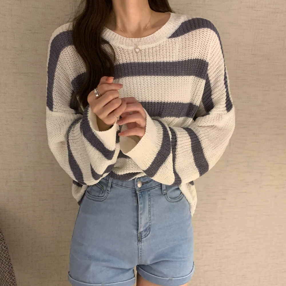 

PLAMTEE 2022 New Striped Kintted Sweater Hollow-Out Sunscreen Shirts Ice Silk Long-Sleeved Chic Loose Breathable Tops